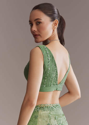 Green Tissue Saree With Jaal And Sequin Embroidery