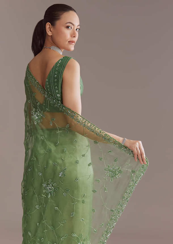Green Tissue Saree With Jaal And Sequin Embroidery Green Tissue Saree With Jaal And Sequin Embroidery