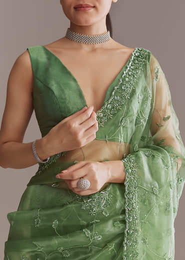 Green Tissue Saree With Jaal And Sequin Embroidery