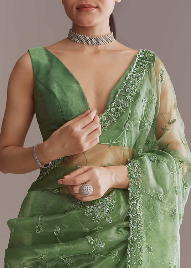 Green Tissue Saree With Jaal And Sequin Embroidery Green Tissue Saree With Jaal And Sequin Embroidery