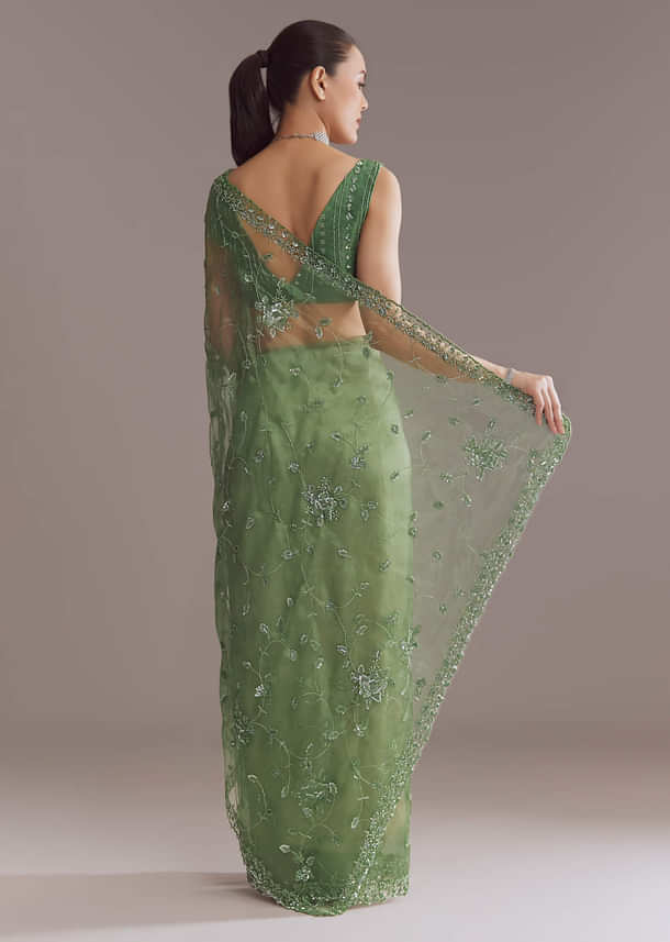 Green Tissue Saree With Jaal And Sequin Embroidery Green Tissue Saree With Jaal And Sequin Embroidery