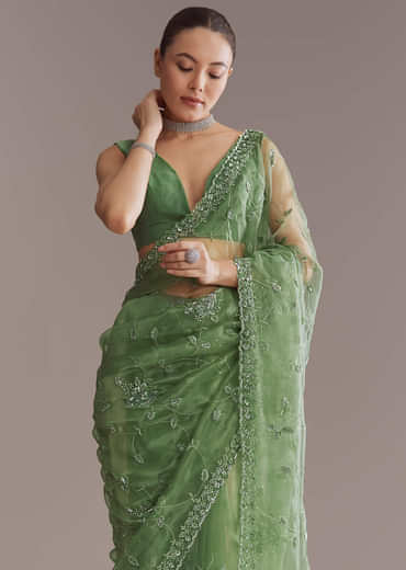 Green Tissue Saree With Jaal And Sequin Embroidery
