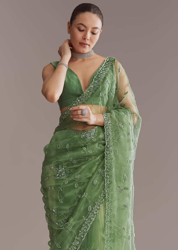 Green Tissue Saree With Jaal And Sequin Embroidery Green Tissue Saree With Jaal And Sequin Embroidery