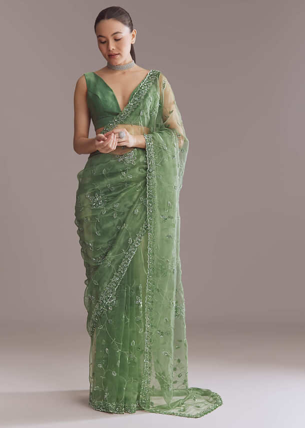 Green Tissue Saree With Jaal And Sequin Embroidery Green Tissue Saree With Jaal And Sequin Embroidery