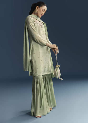 Green Tissue Sharara Suit With Zardosi And Resham Embroidery