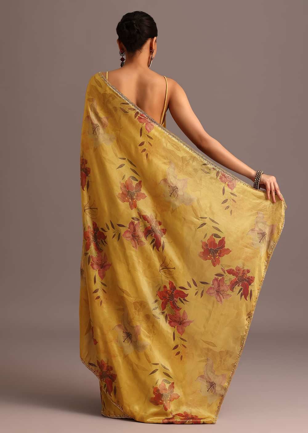 Green Tissue Silk Floral Leaf Printed Saree With Embroidered Border