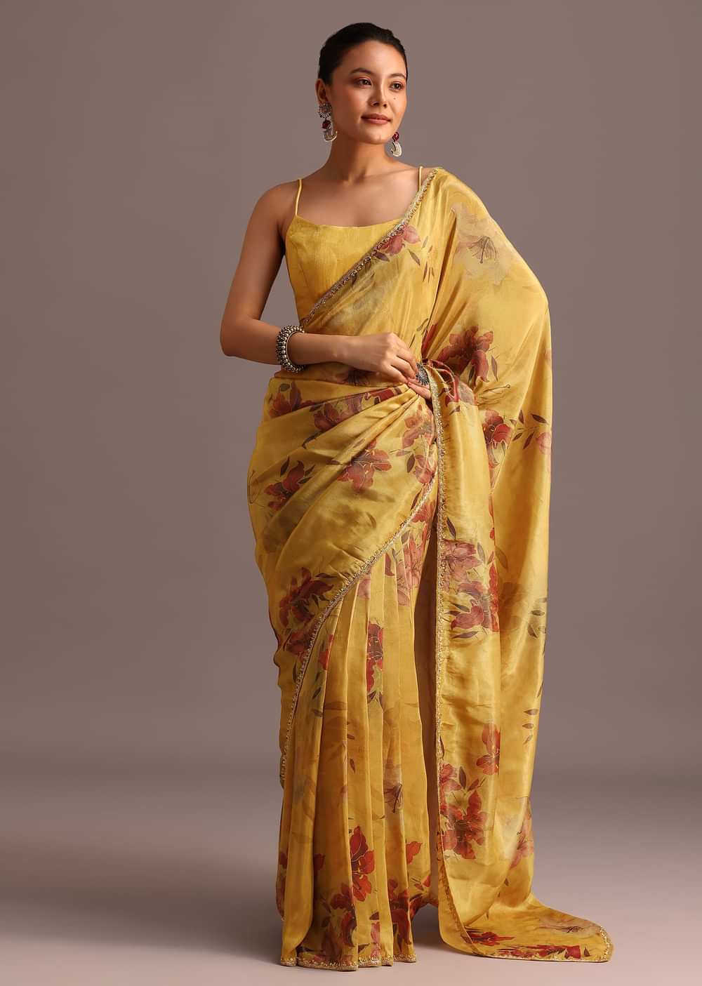 Green Tissue Silk Floral Leaf Printed Saree With Embroidered Border