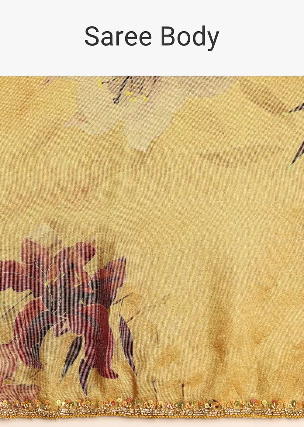 Green Tissue Silk Floral Leaf Printed Saree With Embroidered Border