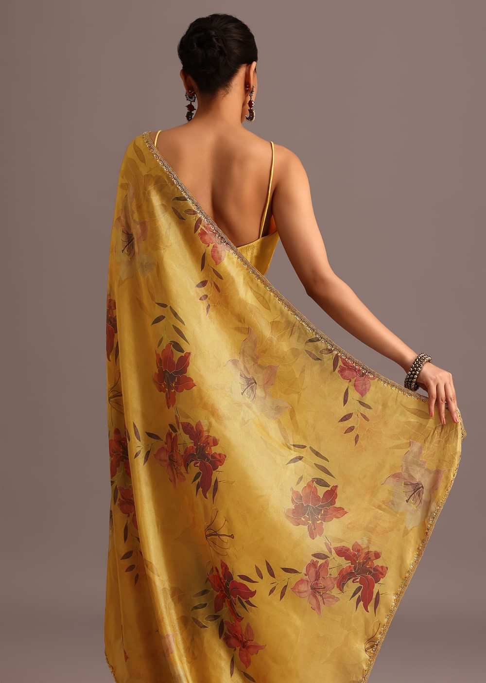 Green Tissue Silk Floral Leaf Printed Saree With Embroidered Border