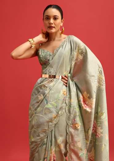 Green Tissue Silk Floral Printed Saree With Embroidered Border And Unstitched Blouse