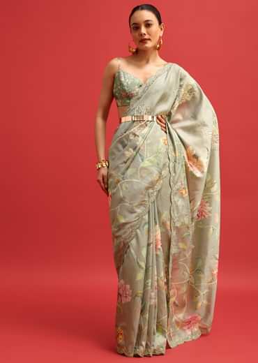Green Tissue Silk Floral Printed Saree With Embroidered Border And Unstitched Blouse