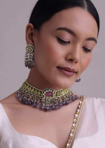 Voilet Toned Gold-Finish Kundan Choker Necklace Set With Colourful Meenakari Work In Mix Metal Voilet Toned Gold-Finish Kundan Choker Necklace Set With Colourful Meenakari Work In Mix Metal