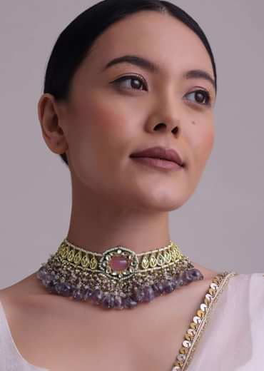 Voilet Toned Gold-Finish Kundan Choker Necklace Set With Colourful Meenakari Work In Mix Metal Voilet Toned Gold-Finish Kundan Choker Necklace Set With Colourful Meenakari Work In Mix Metal