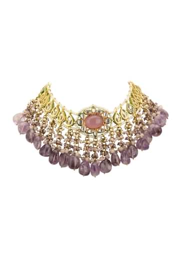 Voilet Toned Gold-Finish Kundan Choker Necklace Set With Colourful Meenakari Work In Mix Metal Voilet Toned Gold-Finish Kundan Choker Necklace Set With Colourful Meenakari Work In Mix Metal