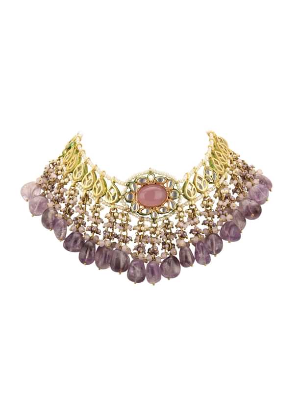 Voilet Toned Gold-Finish Kundan Choker Necklace Set With Colourful Meenakari Work In Mix Metal Voilet Toned Gold-Finish Kundan Choker Necklace Set With Colourful Meenakari Work In Mix Metal