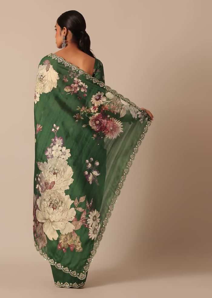 Green Tussar Silk Saree With Mirror Embellishments And Unstitched Blouse Piece