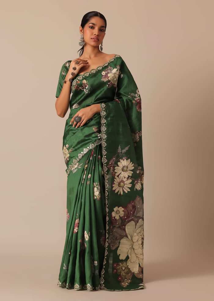 Green Tussar Silk Saree With Mirror Embellishments And Unstitched Blouse Piece