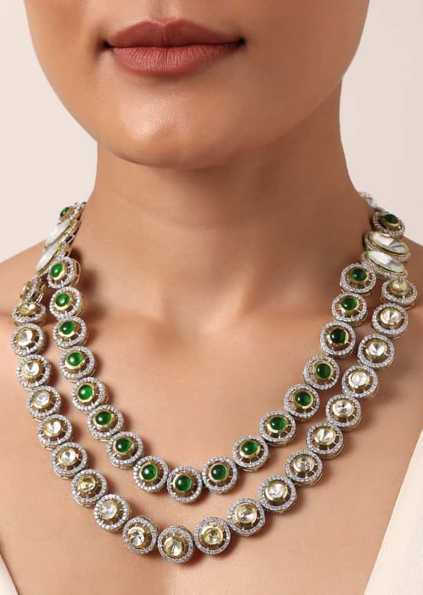 Green Two Layered Polki Necklace Set