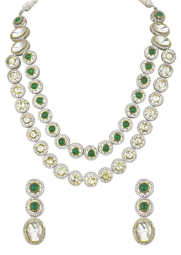 Green Two Layered Polki Necklace Set