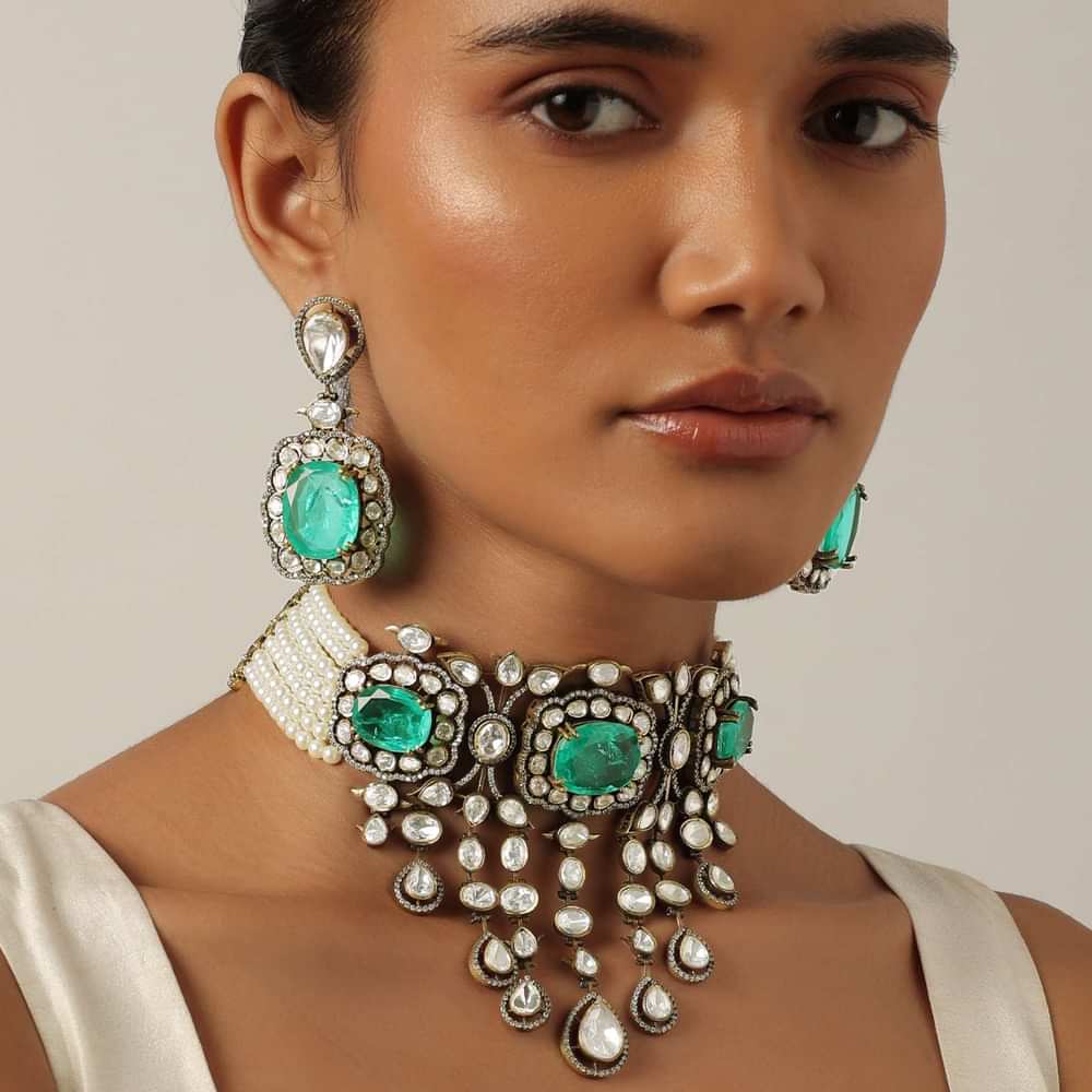 Green Two Tone Choker Set With Emerald Stones And White Zirconia