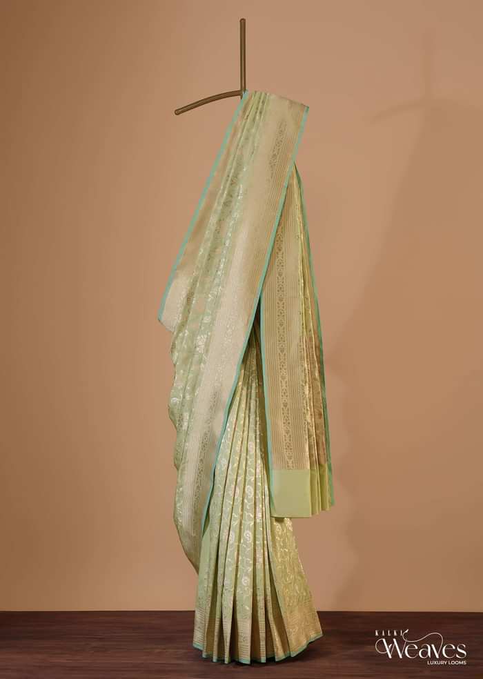 Green Handloom Banarasi Saree In Uppada Silk With Floral Jaal Weave And Unstitched Blouse