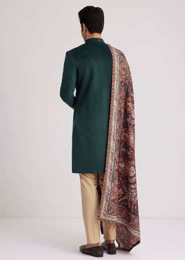 Green Velvet Nawabi Set With Printed Pashmina Dupatta