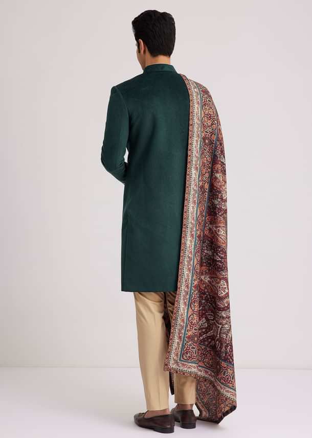 Green Velvet Nawabi Set With Printed Pashmina Dupatta