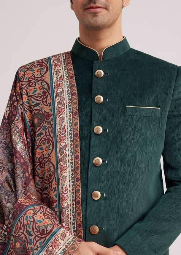 Green Velvet Nawabi Set With Printed Pashmina Dupatta