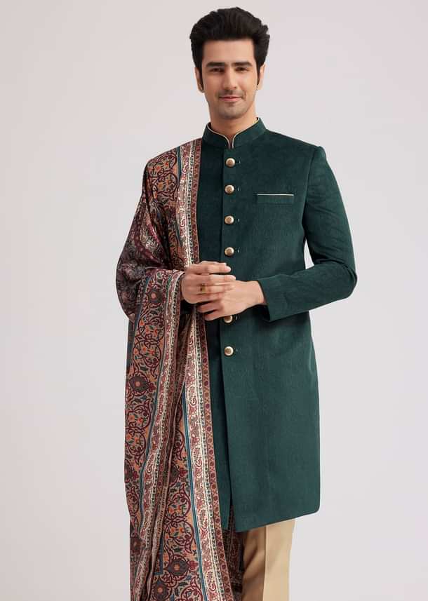 Green Velvet Nawabi Set With Printed Pashmina Dupatta