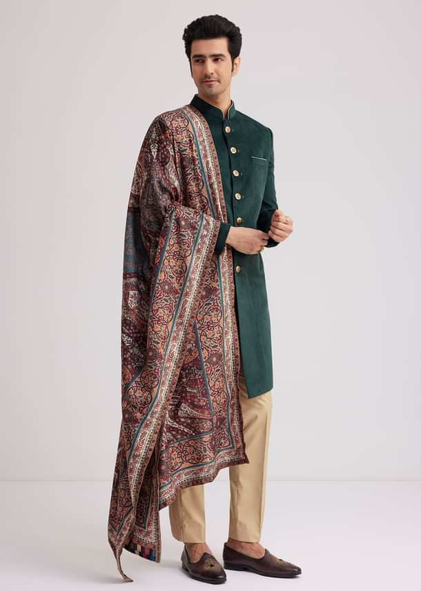 Green Velvet Nawabi Set With Printed Pashmina Dupatta