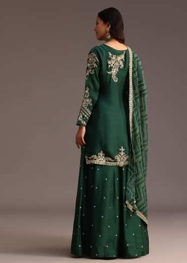 Green Zari Work Palazzo Suit With Organza Dupatta