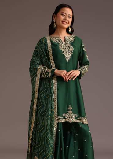Green Zari Work Palazzo Suit With Organza Dupatta