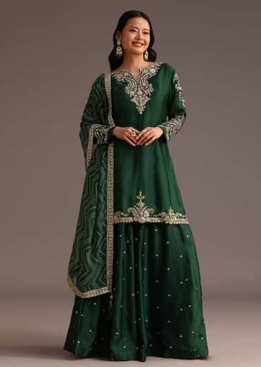 Green Zari Work Palazzo Suit With Organza Dupatta