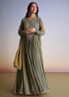 Greenish Grey Crush Tissue Anarkali Suit With Sequins Work