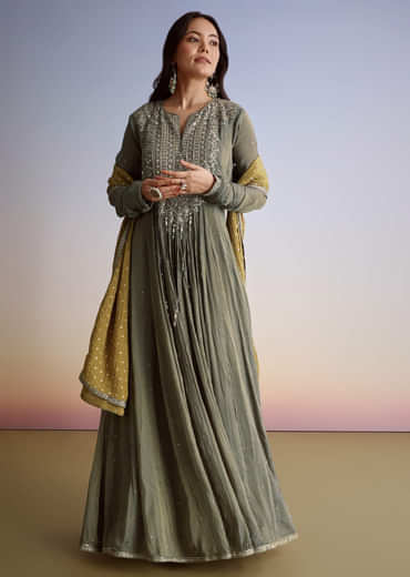 Greenish Grey Crush Tissue Anarkali Suit With Sequins Work