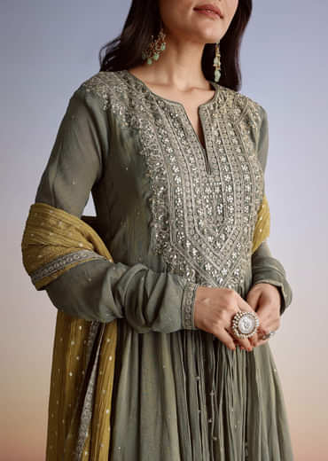 Greenish Grey Crush Tissue Anarkali Suit With Sequins Work