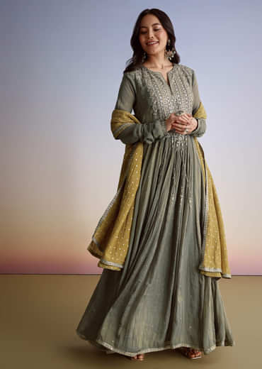 Greenish Grey Crush Tissue Anarkali Suit With Sequins Work