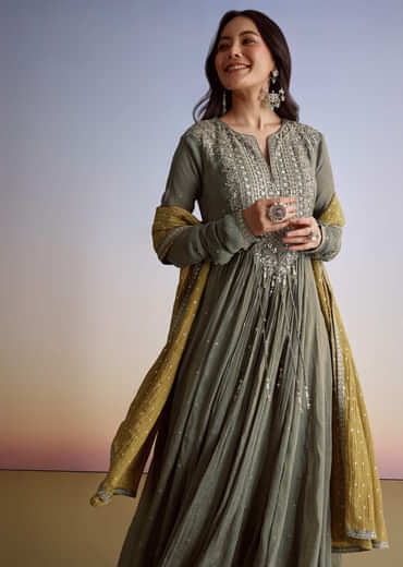 Greenish Grey Crush Tissue Anarkali Suit With Sequins Work