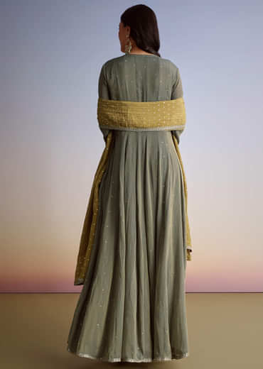 Greenish Grey Crush Tissue Anarkali Suit With Sequins Work
