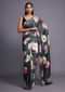 Greenish Grey Saree In Satin Blend With Floral Print And Kundan Work Online - Kalki Fashion