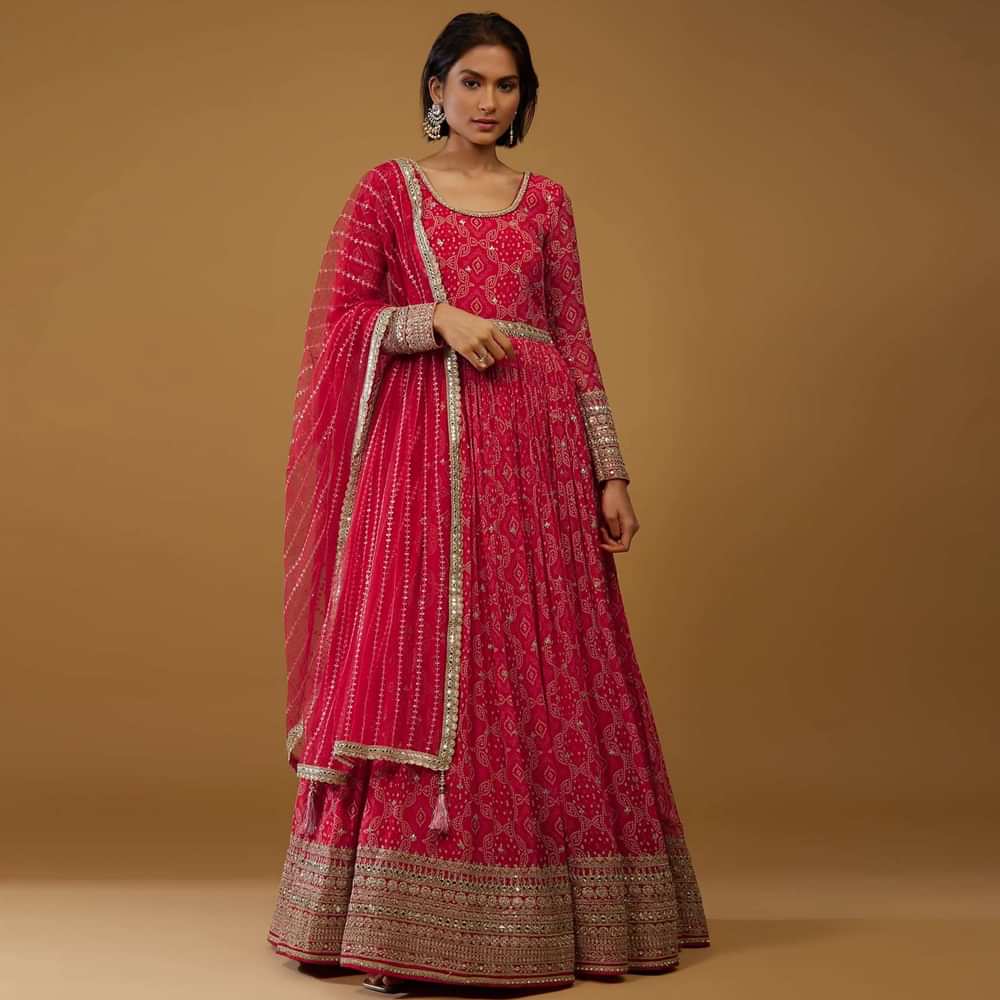 Valentine Red Anarkali Suit With Bandhani Print And Embroidery