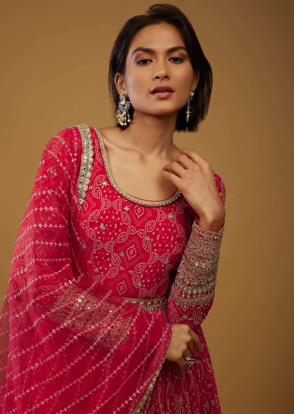 Valentine Red Anarkali Suit With Bandhani Print And Embroidery