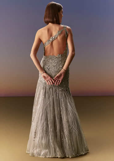 Grey Backless Gown With One Shoulder Bodice And Sculpted Fit