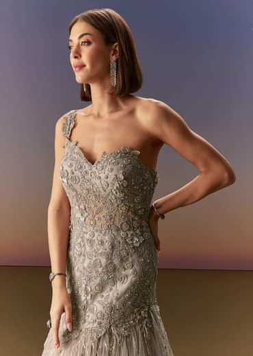 Grey Backless Gown With One Shoulder Bodice And Sculpted Fit