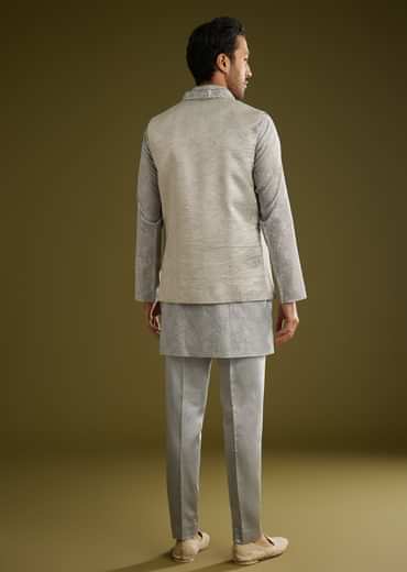 Grey Banarsi Silk Kurta Jacket Set With Hand Work