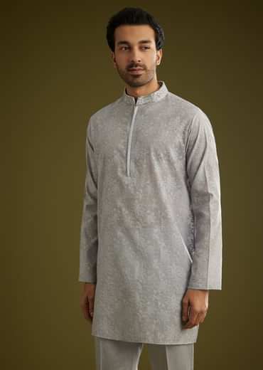 Grey Banarsi Silk Kurta Jacket Set With Hand Work