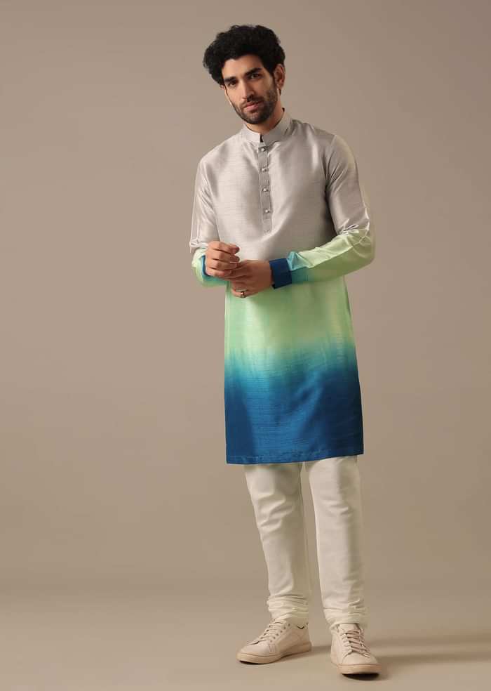 Grey Bundi And Kurta Set In Silk