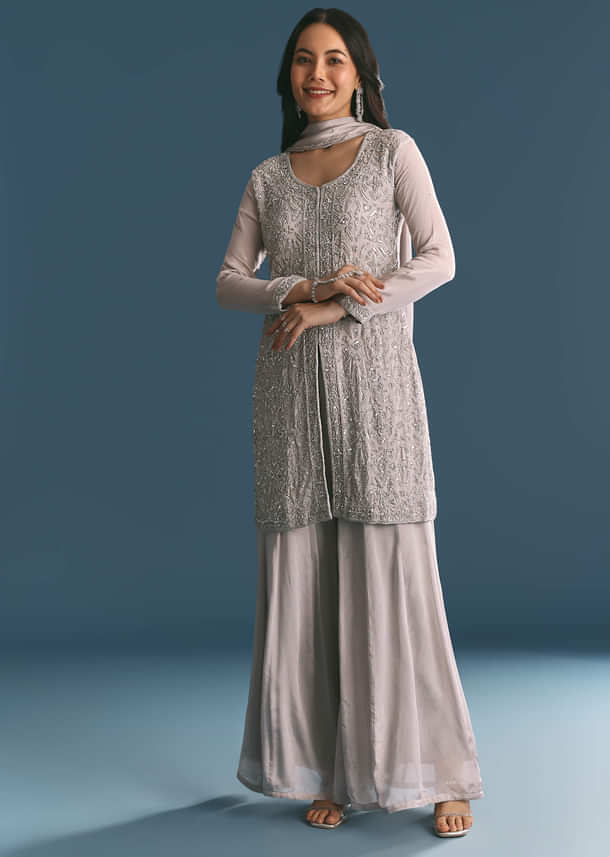 Grey Chinon Cutdana Sequin Embroidered Kurta Palazzo Suit Grey Chinon Cutdana Sequin Embroidered Kurta Palazzo Suit