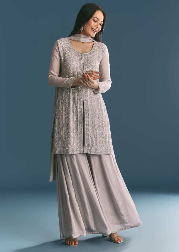 Grey Chinon Cutdana Sequin Embroidered Kurta Palazzo Suit Grey Chinon Cutdana Sequin Embroidered Kurta Palazzo Suit