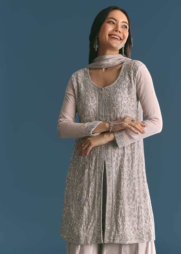 Grey Chinon Cutdana Sequin Embroidered Kurta Palazzo Suit Grey Chinon Cutdana Sequin Embroidered Kurta Palazzo Suit